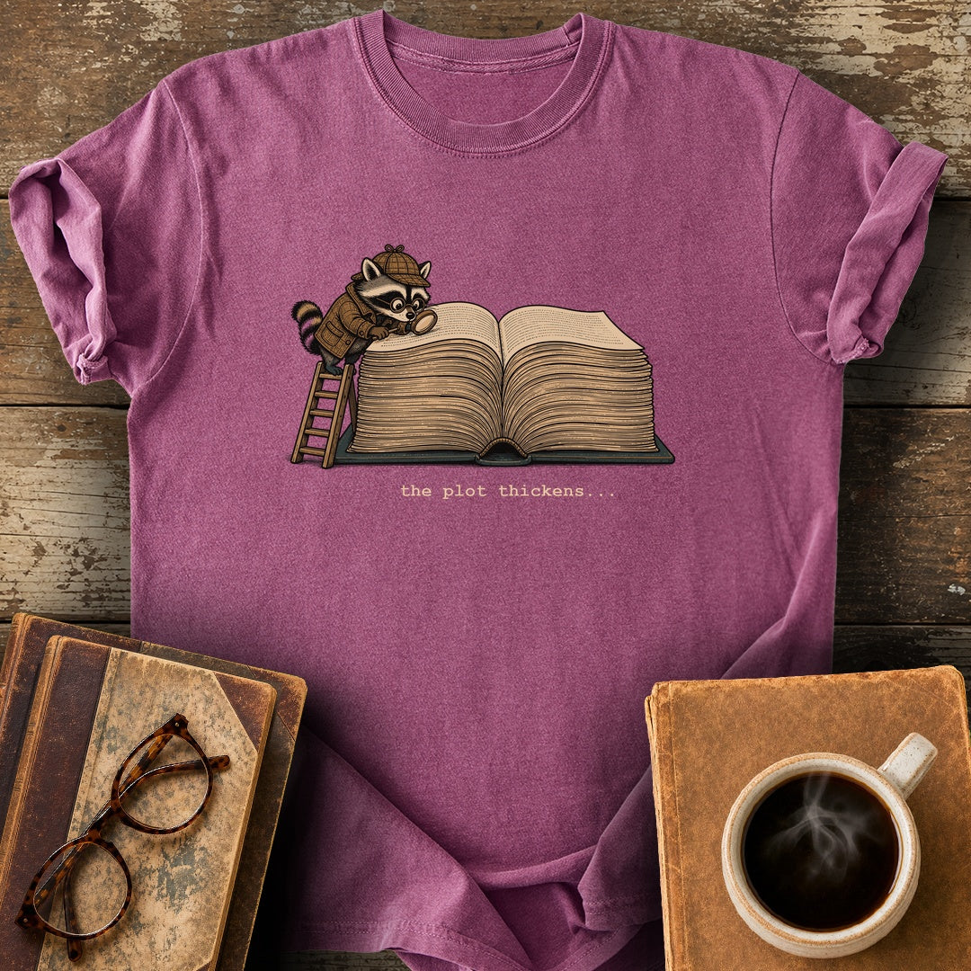 The Plot Thickens Tee - berry shirt mockup